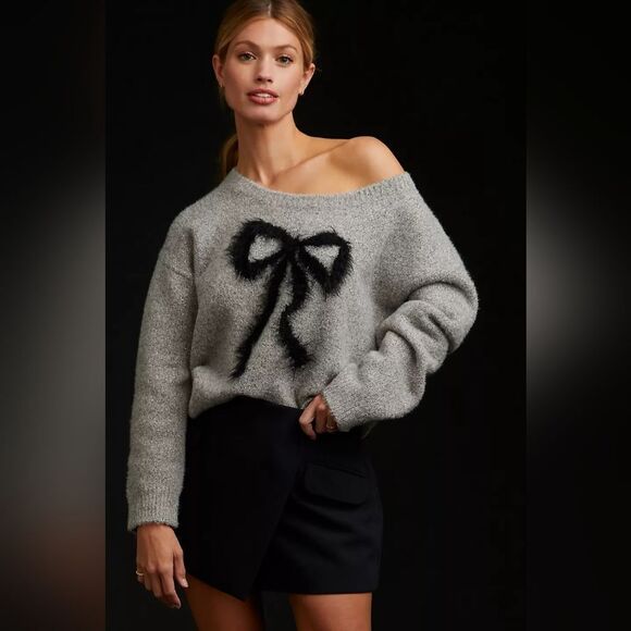 Anthropologie Sweaters - Anthropologie Mauve Bow Sweater In Grey Size 3X NWT